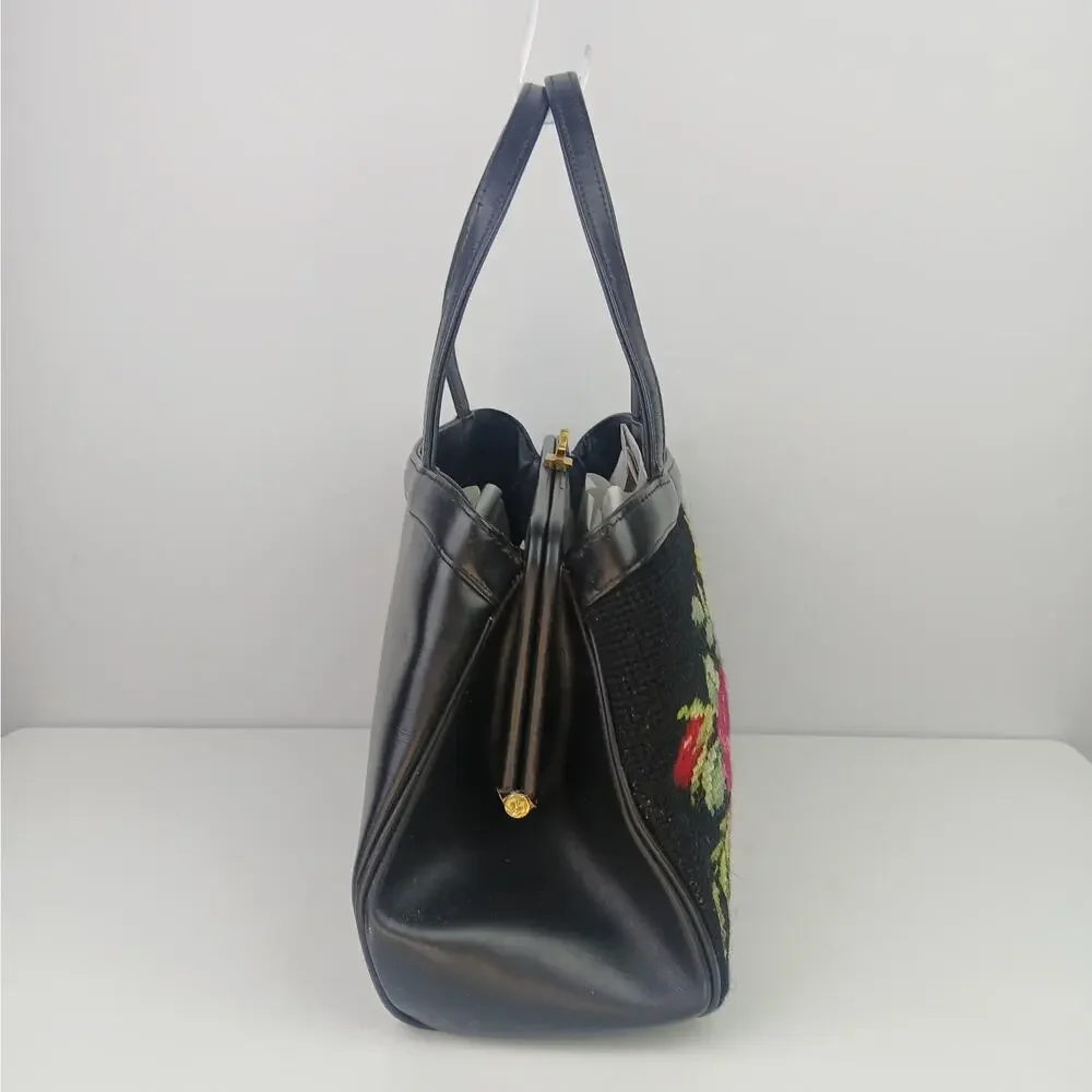 Vintage 1960's Black Leather Floral Needlepoint Handbag Gold Clasps Hong Kong